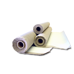 Several rolled-up yoga mats beside a folded beige exercise mat on a white background.