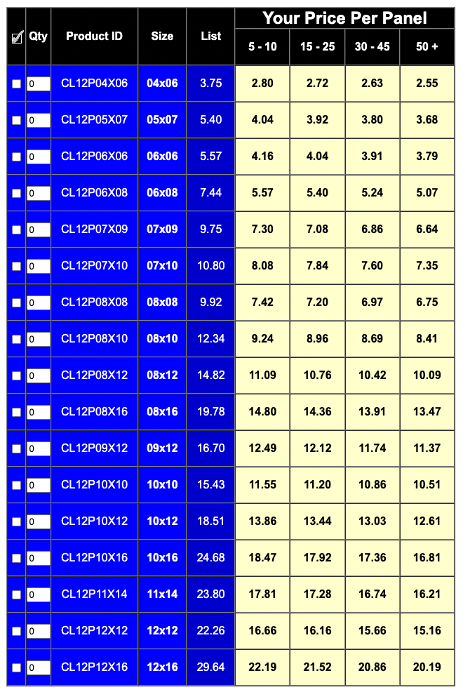 Pricing grid showing panel prices by quantity.